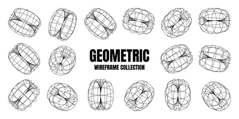 Wireframe lined shapes. Perspective mesh, 3d grid. Low poly geometric elements. Retro futuristic design elements, y2k, vaporwave and synthwave style. Vector illustration