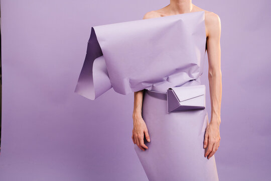 Abstract Fashion Model In Purple Origami Paper Dress