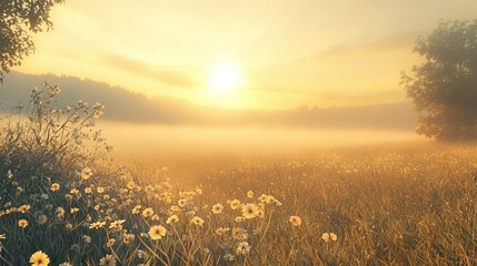   The sun sets over a foggy field with wildflowers in the foreground and trees in the background