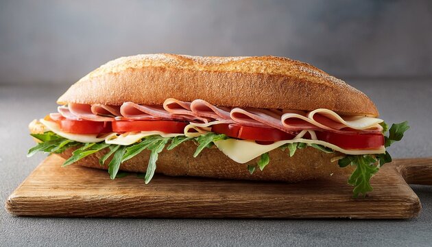 Huge tasty sandwich with ham or balyk, arugula, cheese, tomatoes and mayonnaise on a cutting board in a rustic style on a gray background view from the side, copy space