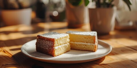 Sliced butter cake on a white plate
