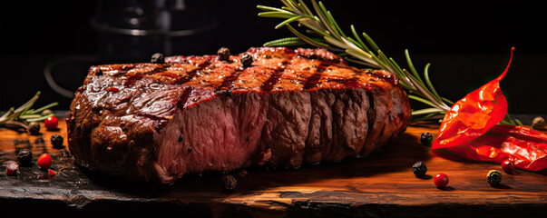 Grilled meat beef steak with herbs and tomaties on rustic table.