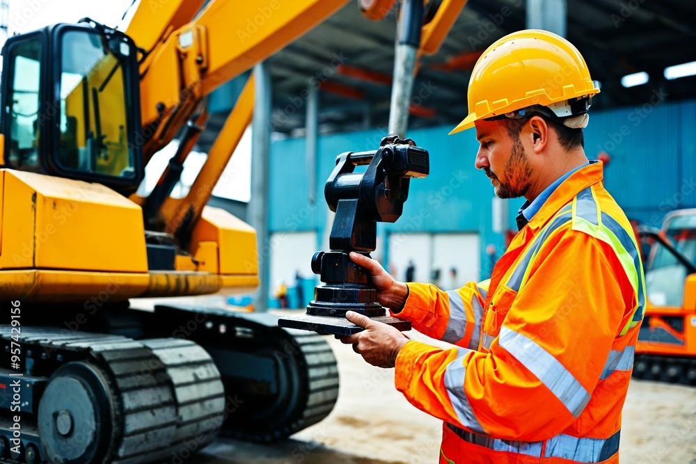 Wall mural A person wearing a hard hat holds a camera, likely for construction or industrial use