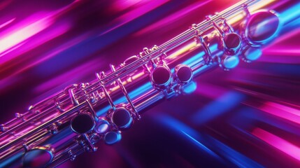 Fototapeta premium A silver flute is shown in a colorful, blurry background