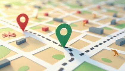 Digital map with colorful location markers and various icons representing points of interest.