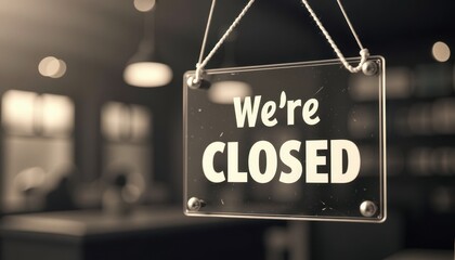 Close-up of a 'We're Closed' sign hanging in front of a blurred indoor background.