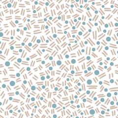 Seamless abstract textured pattern. Simple background blue, brown, white texture. Lines, dots. Digital brush strokes. Design for textile fabrics, wrapping paper, background, wallpaper, cover.