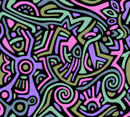  Abstract hand-drawn drawing of bright colors of chaotic shapes.Seamless pattern.