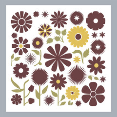 Set of logotype icons flowers Rose, Tulip, Orchid, Sunflower, Lily, Daisy, Daffodil, Jasmine, Lavender, Marigold, Peony, Chrysanthemum, Hibiscus, Poppy, Violet silhouettes in white background