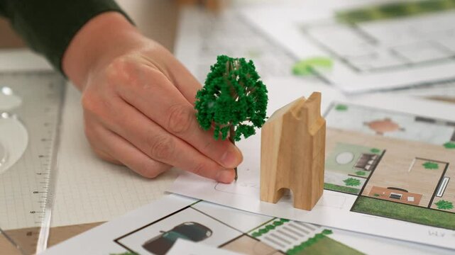 A video of architect using tree and home model to measure blueprint. Architect designing house construction on a table at studio, with architectural plan scattered around. Focus on hand. Delineation.
