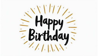 Hand-drawn 'Happy Birthday' text surrounded by golden rays on a white background.