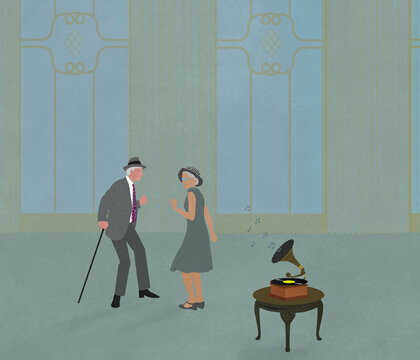 Illustration of two seniors having fun dancing