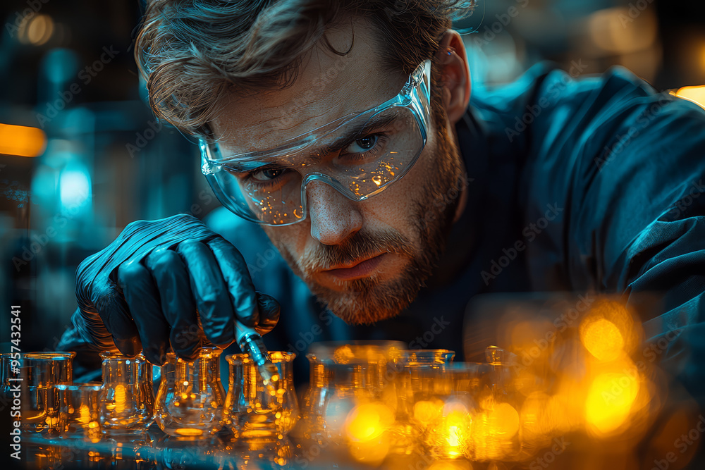 Poster an engineer testing a new material in a lab, noting its properties. concept of material science and 