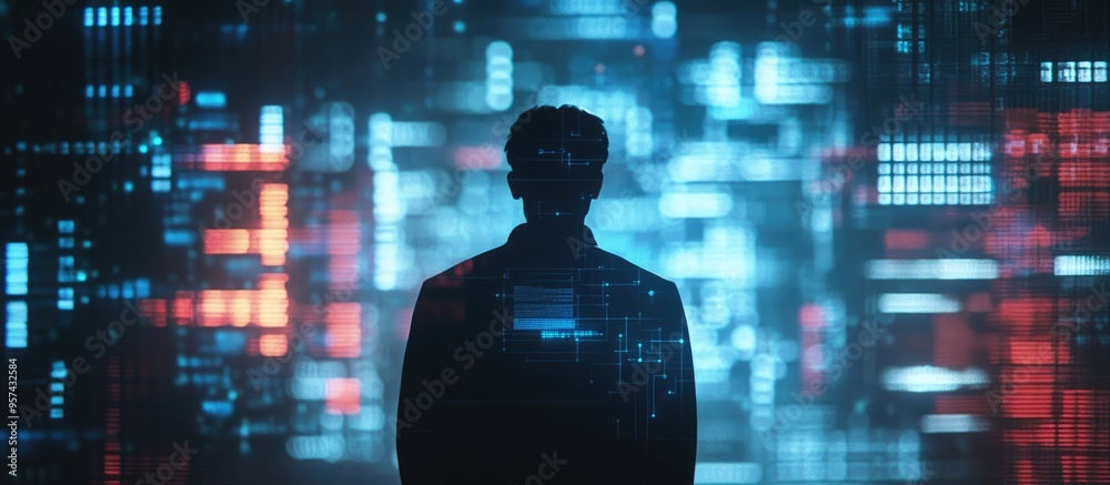 Poster silhouette of a man against a technical background representing artificial intelligence and big data