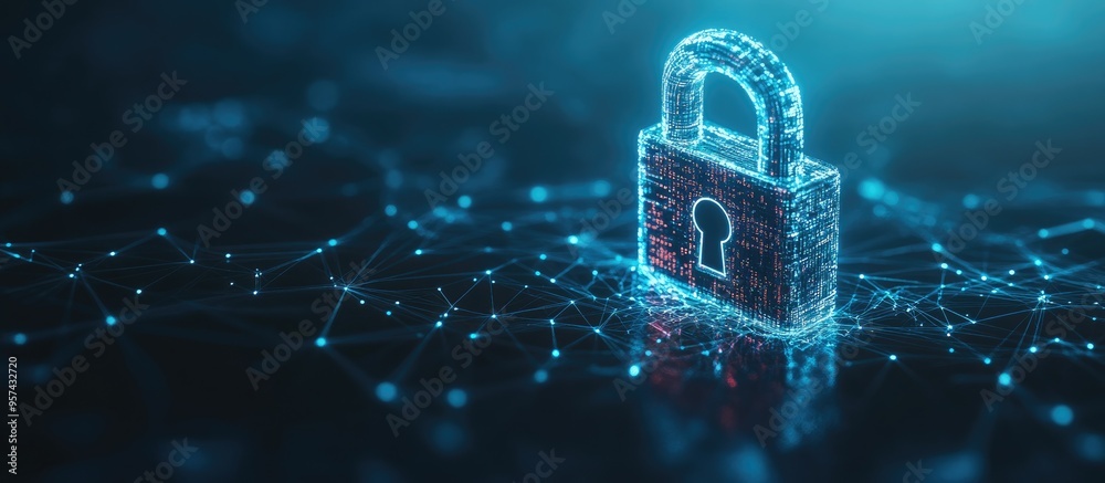 Poster cybersecurity and digital data protection theme featuring a small padlock with binary polygon interc