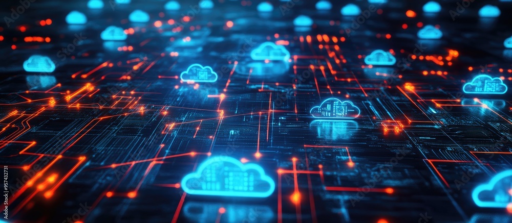 Poster connected digital network illustrating concepts of the internet of things iot cloud computing and cy