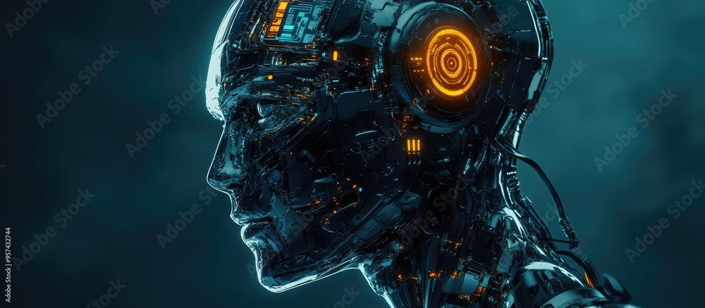 Poster 3d rendering of a robotic cyborg head illustrating the concept of artificial intelligence and learni