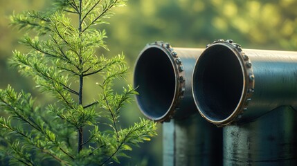 Two sturdy heating pipes encased in a protective tin shell alongside a green branch The seams and rivets are visible with a young tree in sharp focus against a blurred backdrop