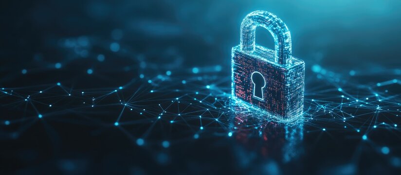 Cybersecurity and digital data protection theme featuring a small padlock with binary polygon interconnects on a dark blue background