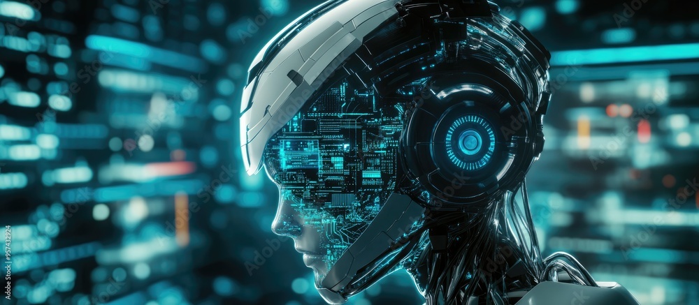 Poster 3d illustration of a humanoid robot head representing artificial intelligence showcasing a digital b