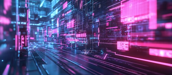 Fototapeta premium Futuristic mobile technology backdrop featuring holograms and the 5G network concept representing high speed internet and next generation connectivity through 3D rendering and illustration