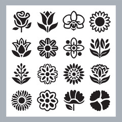Set of logotype icons flowers Rose, Tulip, Orchid, Sunflower, Lily, Daisy, Daffodil, Jasmine, Lavender, Marigold, Peony, Chrysanthemum, Hibiscus, Poppy, Violet silhouettes in white background