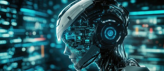 Fototapeta premium 3D illustration of a humanoid robot head representing artificial intelligence showcasing a digital brain and supercomputer in a futuristic cybernetic theme with deep learning aspects