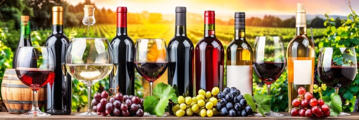A diverse selection of wine bottles and glasses displayed in front of a vineyard at sunset, with clusters of red, white, and green grapes. The scene emphasizes the richness and variety of wines and th