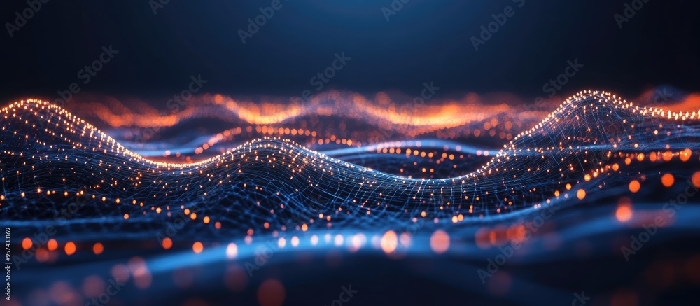 Poster interconnected dots and lines creating a digital background depicting concepts of artificial intelli