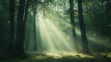   The sun filters through towering trees with lush leaves on a landscape of verdant grass in the background