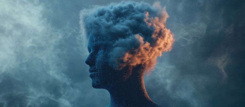 A person s head obscured by a dark cloud labeled with AI terminology