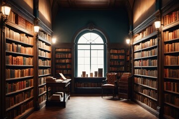 Cozy study space with bookshelf and natural light, ideal for reading or writing