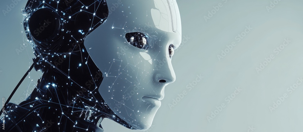 Poster humanoid robot head illustrating concepts in the robotics industry design elements reflect teamwork 