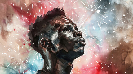 A young athlete stands with a contemplative expression, surrounded by vibrant bursts of fireworks lighting up the night sky