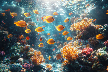 Obraz premium A vibrant coral reef with colorful fish swimming through, representing underwater life. Concept of marine biodiversity and ocean ecosystems.