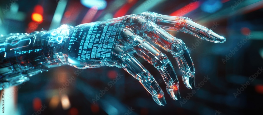 Poster cyborg hand against a blurred backdrop interacting with a futuristic decision making text interface 