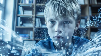 Young boy focused on computer screen with digital effects