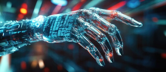 Cyborg hand against a blurred backdrop interacting with a futuristic decision making text interface in 3D rendering