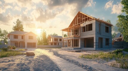 Modern house construction featuring cottages townhouses and suburban homes Unfinished private residence built with blocks on a construction site