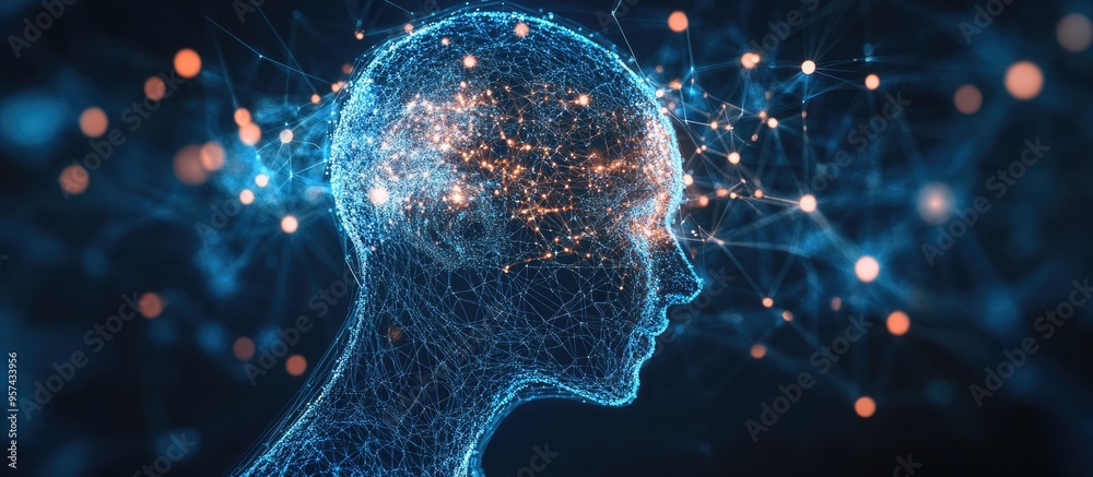 Poster abstract representation of artificial intelligence with a technological web background showcasing a 