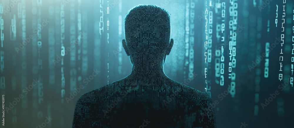 Poster coded human silhouette with binary elements representing the concept of artificial intelligence