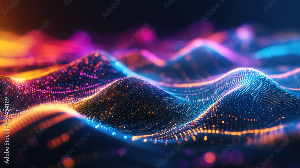 Fototapete Vibrant waves of colors with dynamic dots and lines Abstract digital backdrop representing connectivity in large data Futuristic technology visualization 3D rendering