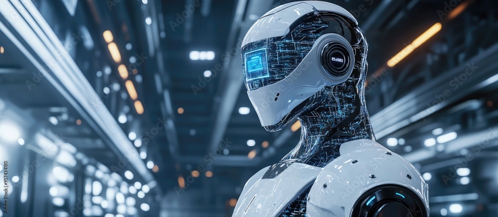 Poster 3d rendering of an android robot integrated with an industrial network system