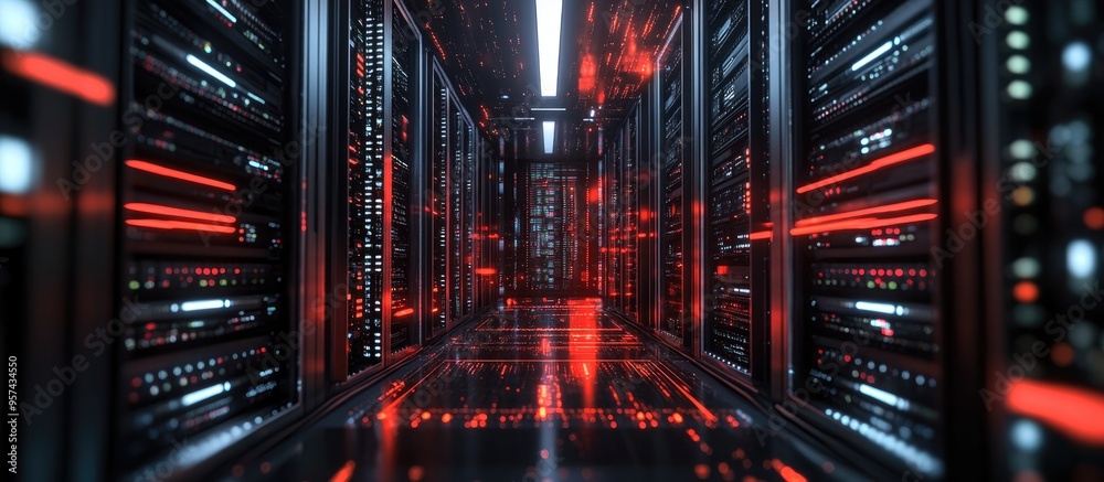 Poster 3d illustration of cloud computing data center server rack and connections in a neural network techn