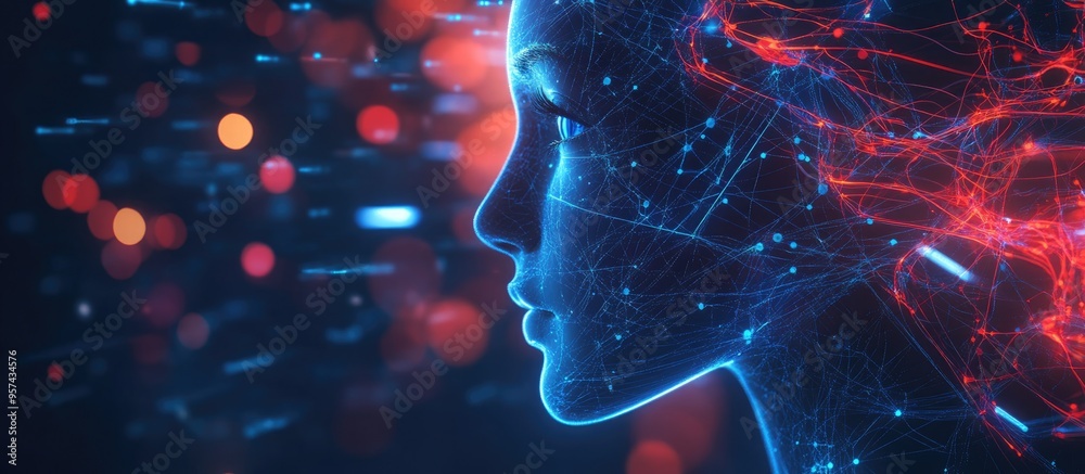 Poster artistic abstraction featuring the silhouette of a human face intertwined with technology symbols ex