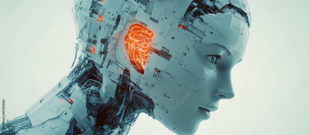 Poster 3d illustration of a humanoid robot head representing artificial intelligence showcasing a digital b
