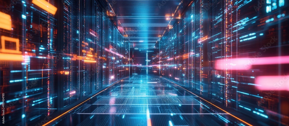 Poster digital information and cloud computing in technology 3d illustration of data centers computer stora