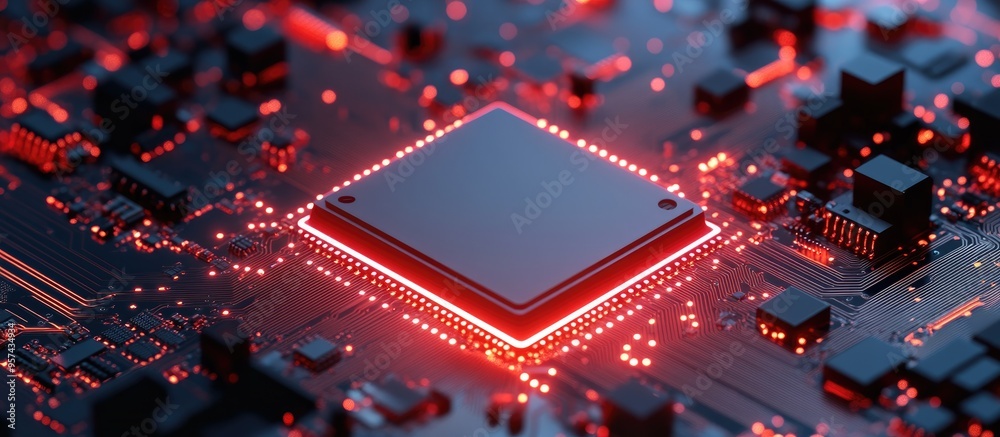 Poster 3d illustration of a processor chip on a printed circuit board illuminated by red backlight represen