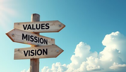 Wooden signpost with arrows directing to Values, Mission, and Vision under a bright, clear sky with fluffy clouds.