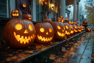 Obraz premium A row of jack-o'-lanterns with different expressions, lined up on a porch. Concept of Halloween creativity and pumpkin carving.